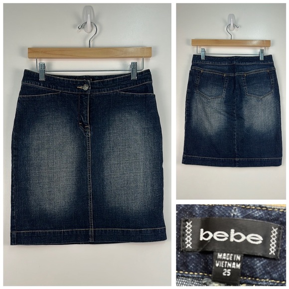 Bebe Distressed Dark Denim Pencil Skirt Size 25 - Picture 1 of 6